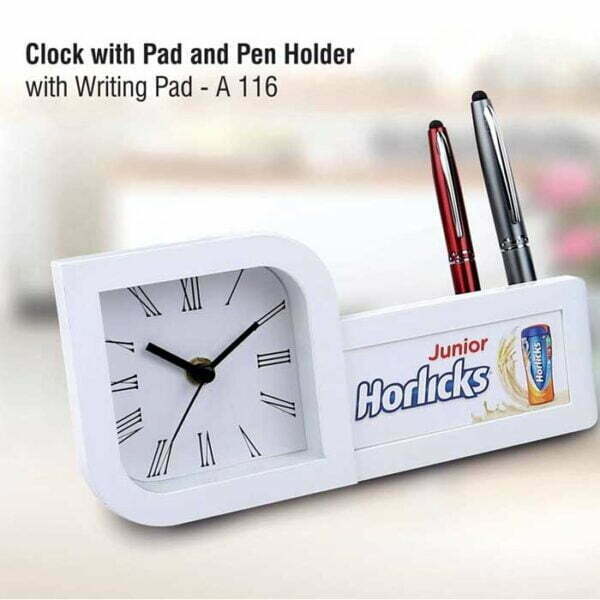 Clock with pad and pen holder